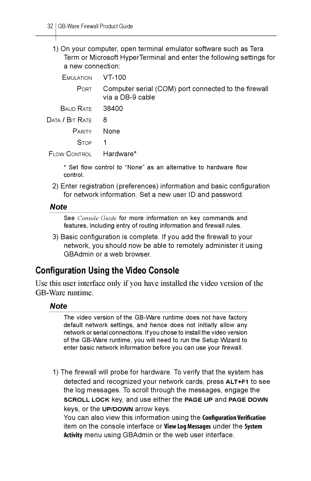 Global Technology Associates GBWA200501-01 manual Configuration Using the Video Console, Hardware 