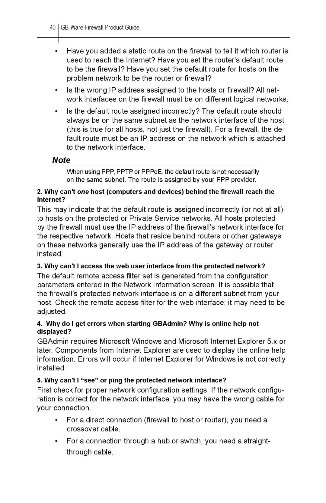 Global Technology Associates GBWA200501-01 manual Why cant I see or ping the protected network interface? 