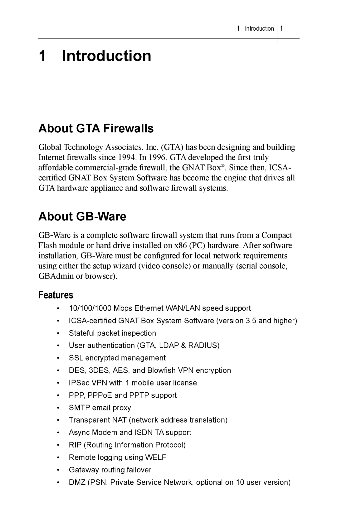 Global Technology Associates GBWA200501-01 manual About GTA Firewalls, About GB-Ware, Features 