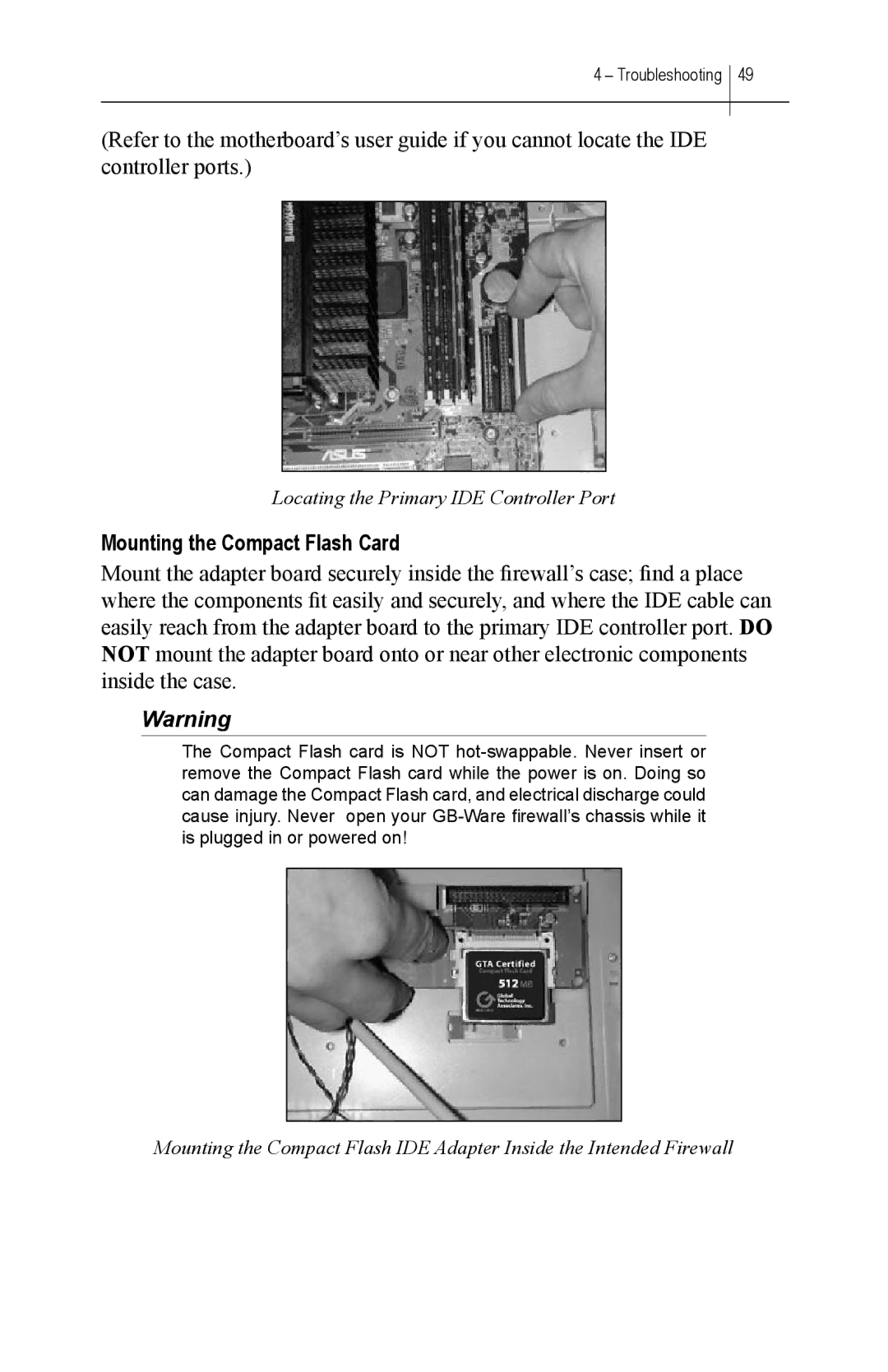 Global Technology Associates GBWA200501-01 manual Mounting the Compact Flash Card 