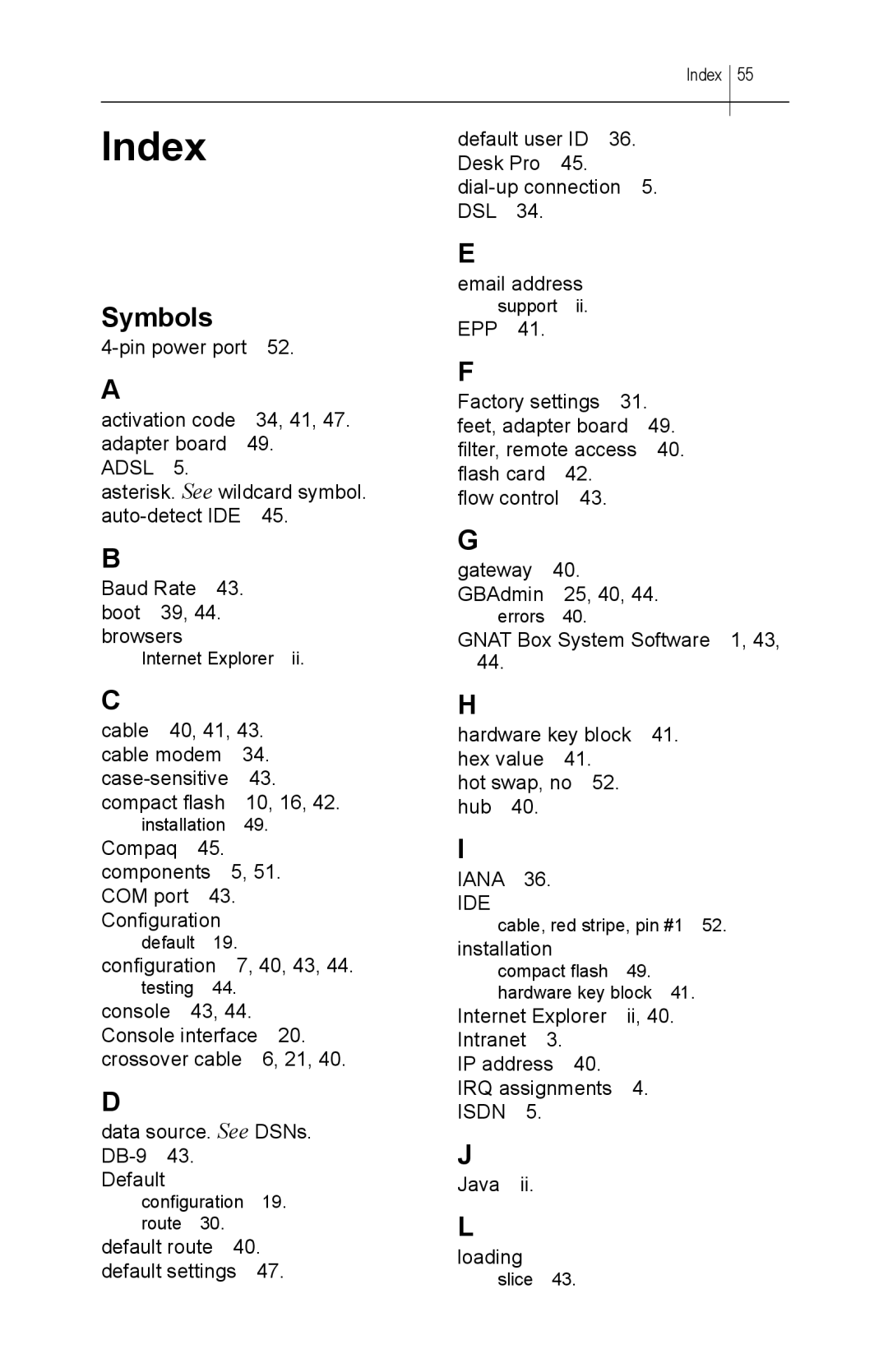 Global Technology Associates GBWA200501-01 manual Index, Symbols 