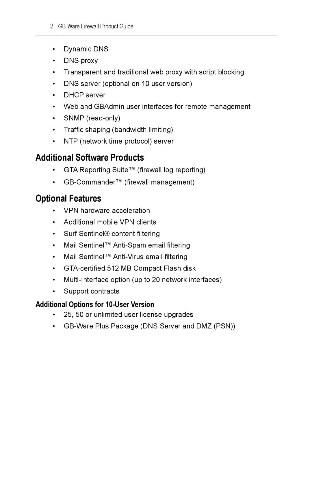 Global Technology Associates GBWA200501-01 manual Additional Software Products, Optional Features 