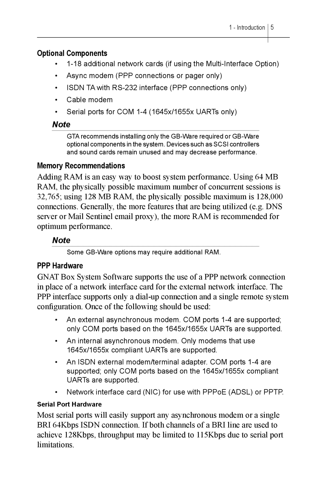 Global Technology Associates GBWA200501-01 manual Optional Components, Memory Recommendations, PPP Hardware 