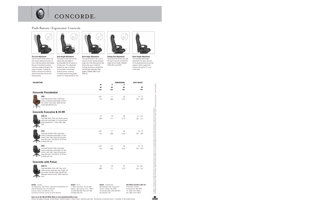 Global Upholstery Co 2425, 2409, 2424, 2406-18, 2400-18 brochure Push Button / Ergonomic Controls, Tilt Lock Adjustment 