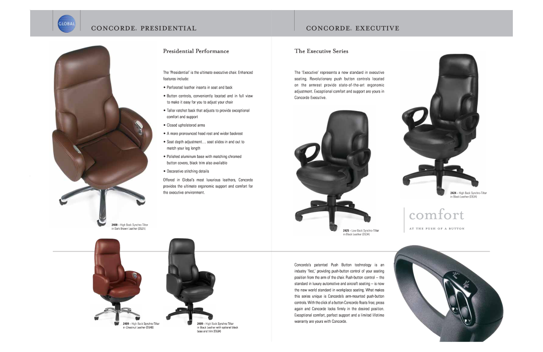 Global Upholstery Co 2424, 2425, 2409, 2406-18 concorde presidential, concorde executive, at the push of a button, comfort 