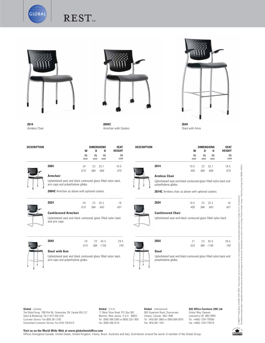 Global Upholstery Co manual 2614 2604C 2644, Cantilevered Armchair, Armless Chair, Cantilevered Chair, 2654 