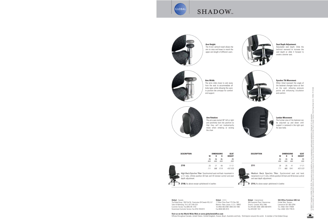 Global Upholstery Co 2711 specifications Arm Height, Arm Width, Arm Rotation, Synchro Tilt Movement, Lumbar Movement, 2710 