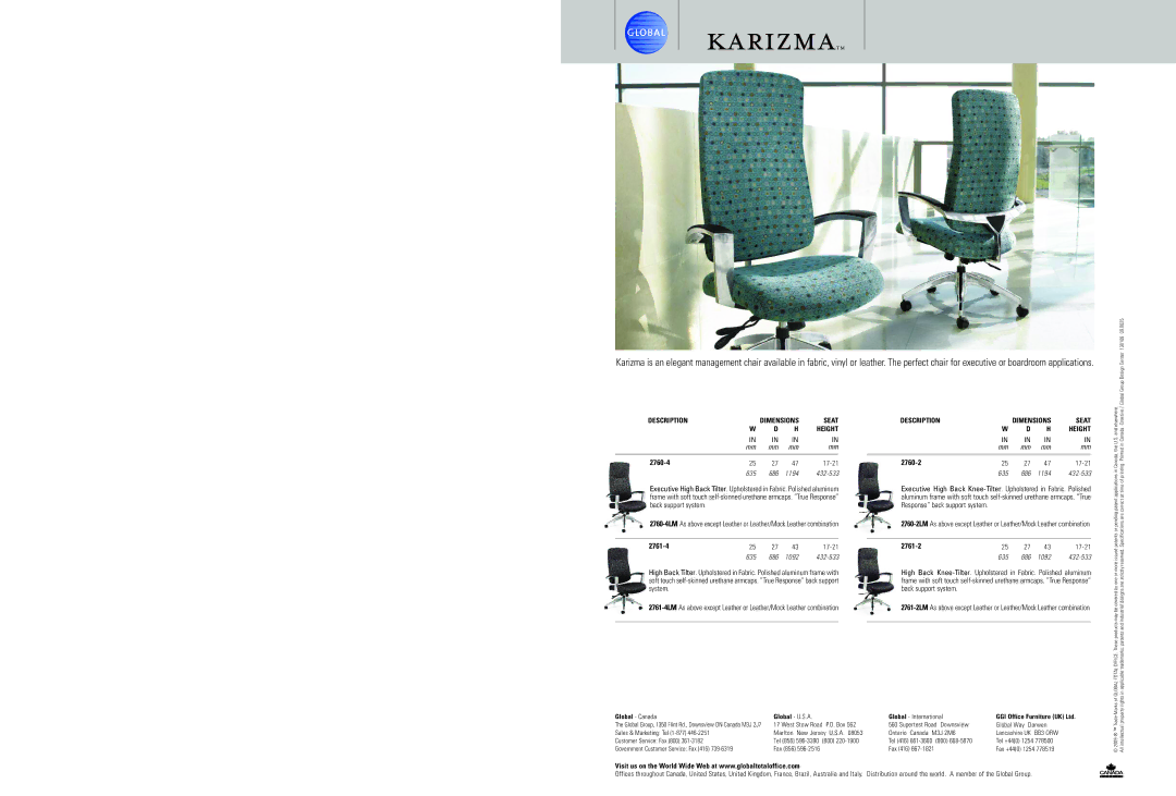 Global Upholstery Co 2761-4LM specifications 2760-4, 2760-2, 17-21 