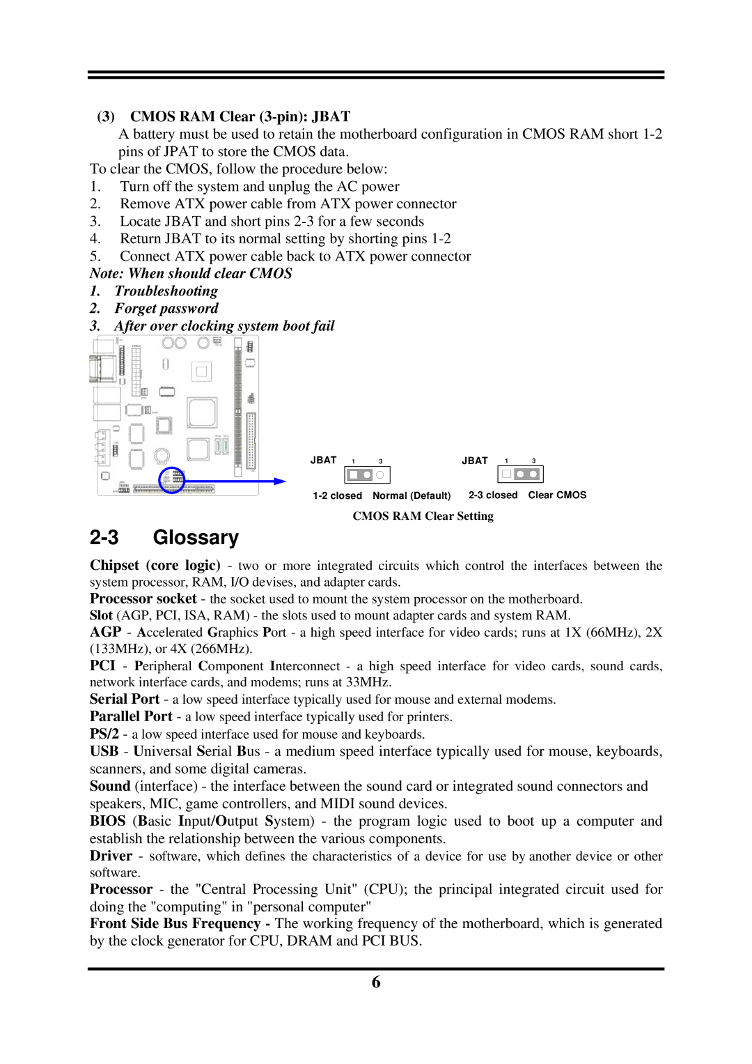 Global Upholstery Co 2807840 user manual Glossary, Cmos RAM Clear 3-pin Jbat 