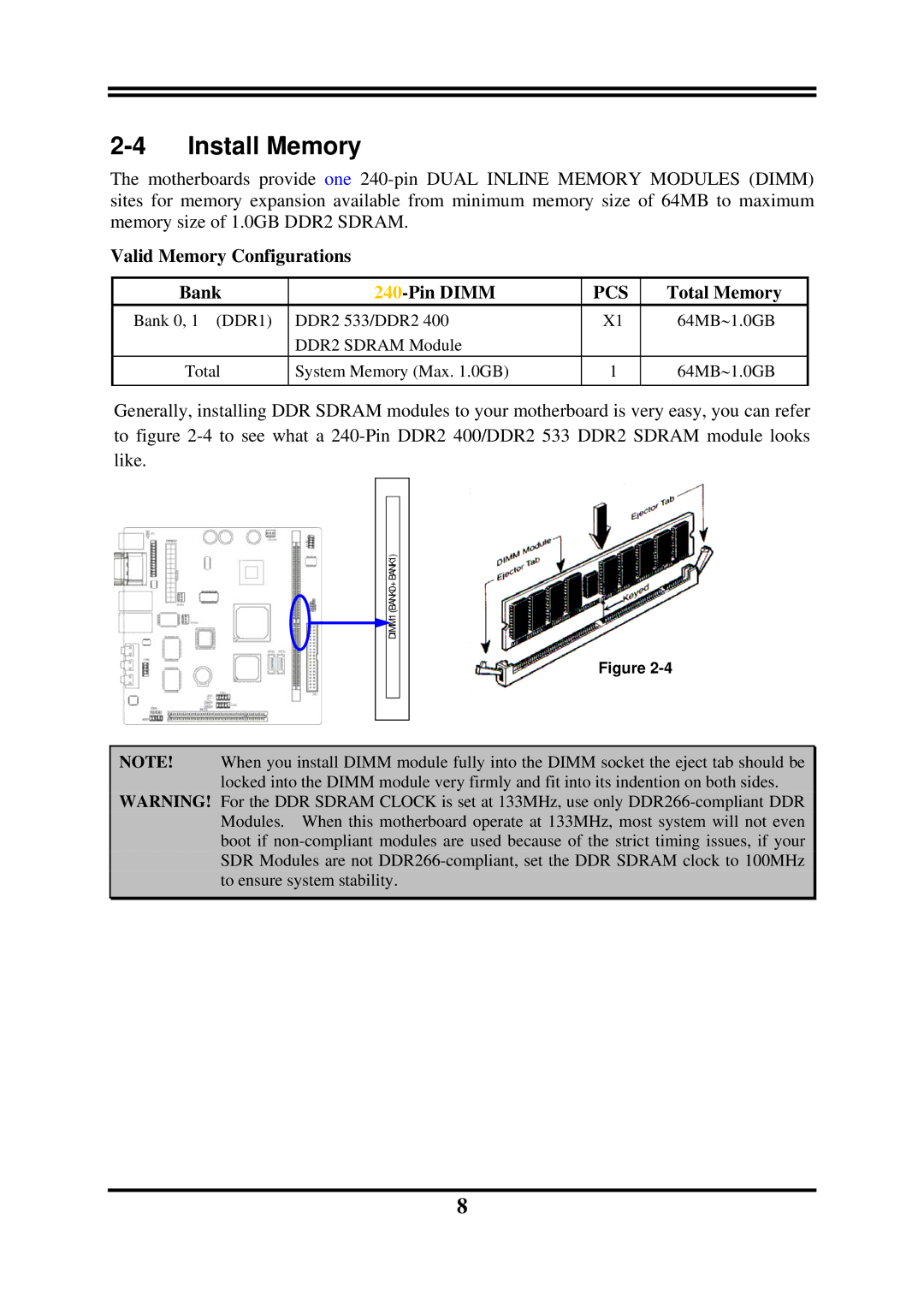 Global Upholstery Co 2807840 user manual Install Memory, Valid Memory Configurations Bank Pin Dimm, Total Memory 