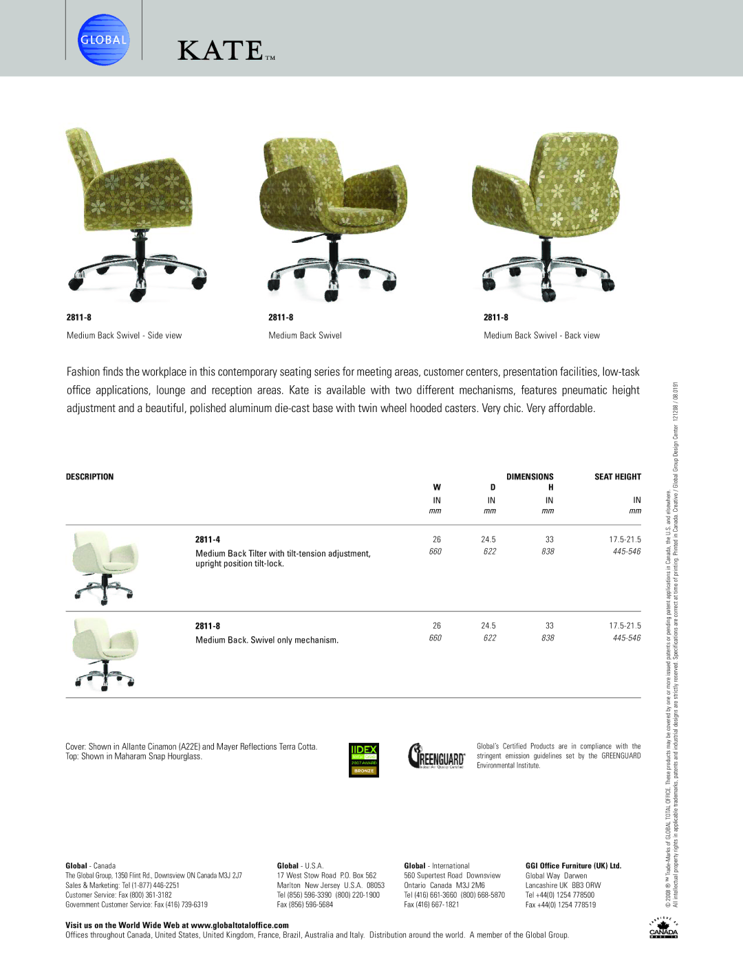 Global Upholstery Co 2811-8 manual 2811-4, Top Shown in Maharam Snap Hourglass 