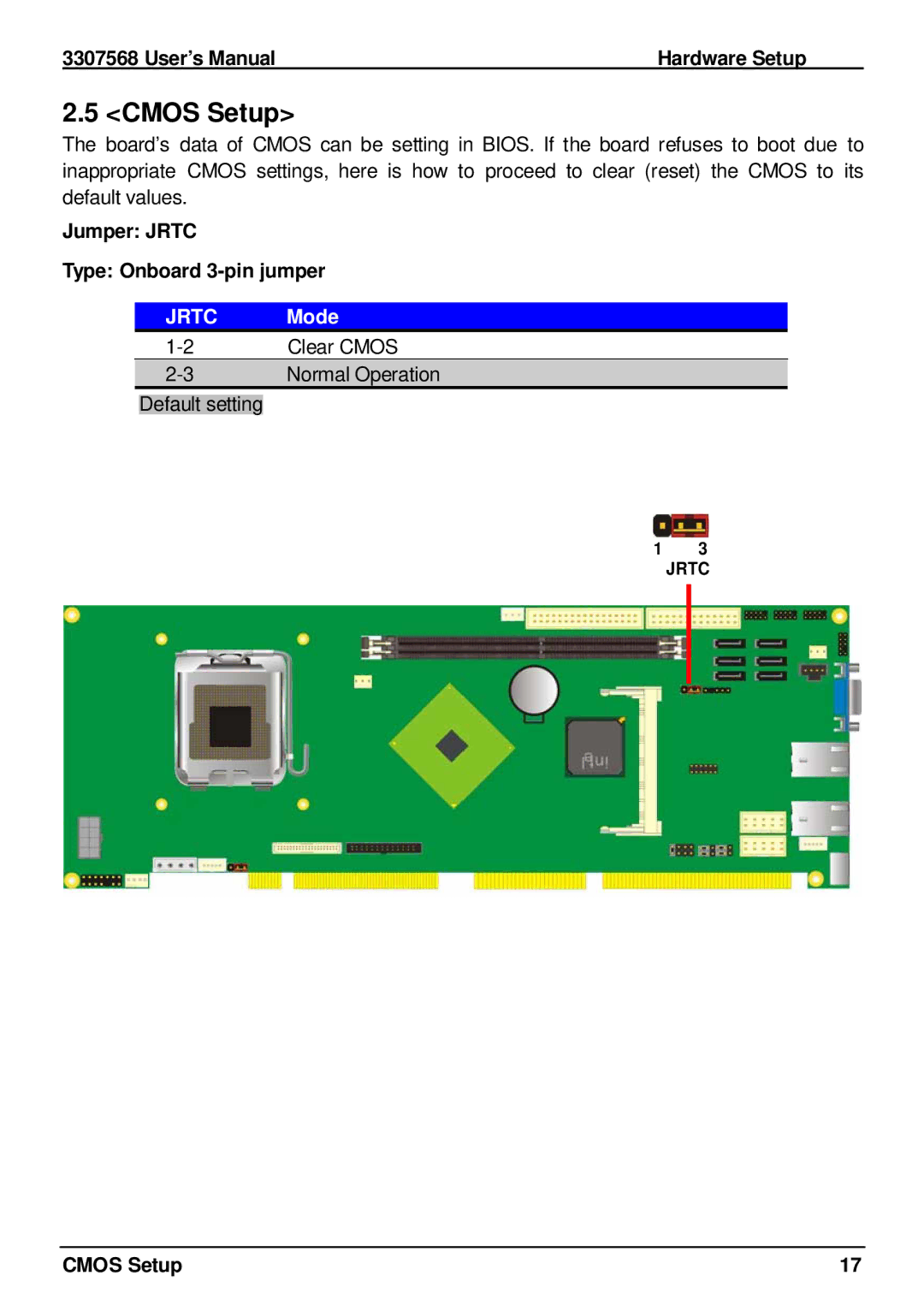 Global Upholstery Co 3307568 user manual Cmos Setup, Jumper Jrtc Type Onboard 3-pin jumper, Mode 