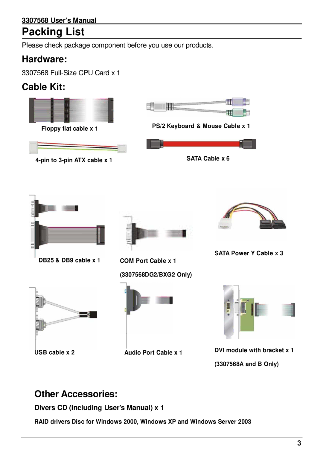 Global Upholstery Co 3307568 user manual Packing List, Hardware, Cable Kit, Other Accessories 