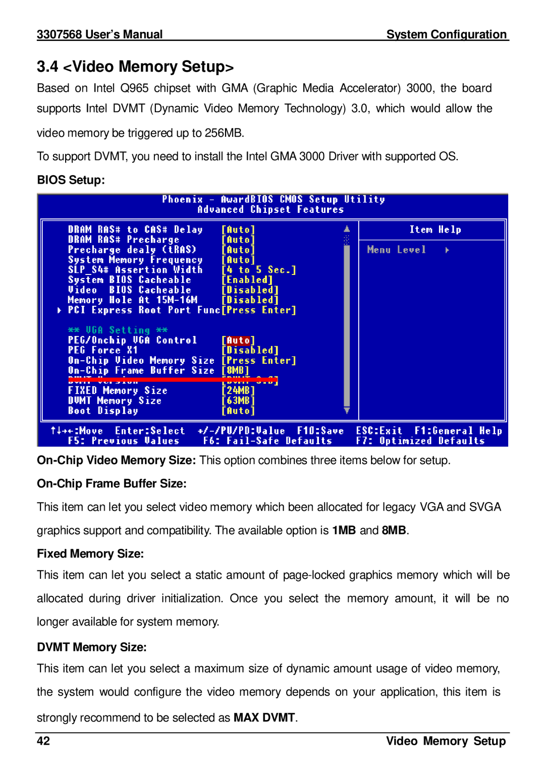 Global Upholstery Co 3307568 user manual Video Memory Setup 