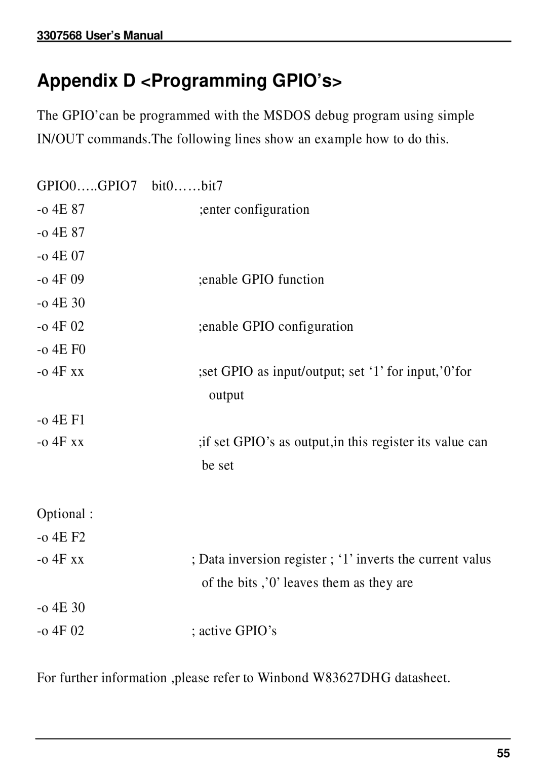 Global Upholstery Co 3307568 user manual Appendix D Programming GPIO’s, GPIO0…..GPIO7 