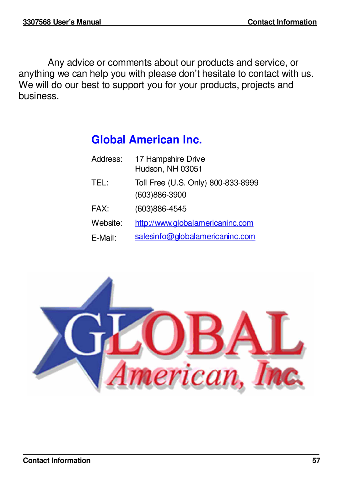 Global Upholstery Co 3307568 user manual Global American Inc, User’s Manual Contact Information 