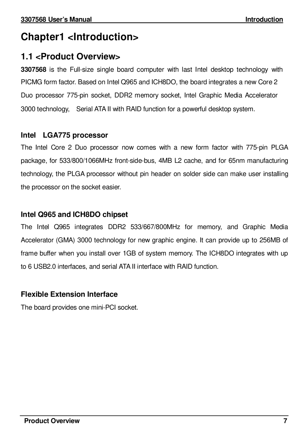 Global Upholstery Co 3307568 Introduction, Product Overview, Intel LGA775 processor, Intel Q965 and ICH8DO chipset 