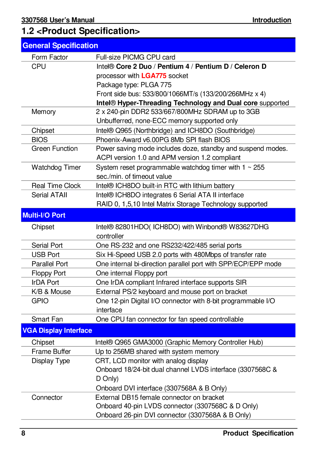 Global Upholstery Co 3307568 user manual Product Specification, Multi-I/O Port, VGA Display Interface 