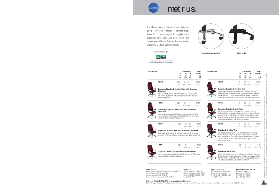 Global Upholstery Co 4519-1 Polished Aluminum ALU, 4516-1, Executive High Back Synchro Tilter with Aluminum Loop Arms 