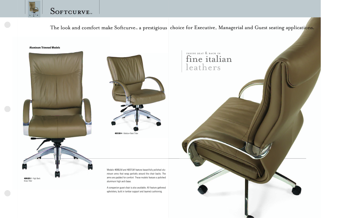 Global Upholstery Co 4697LM-4 manual Fine italian leathers, 4696LM-2 High Back Knee-Tilter 