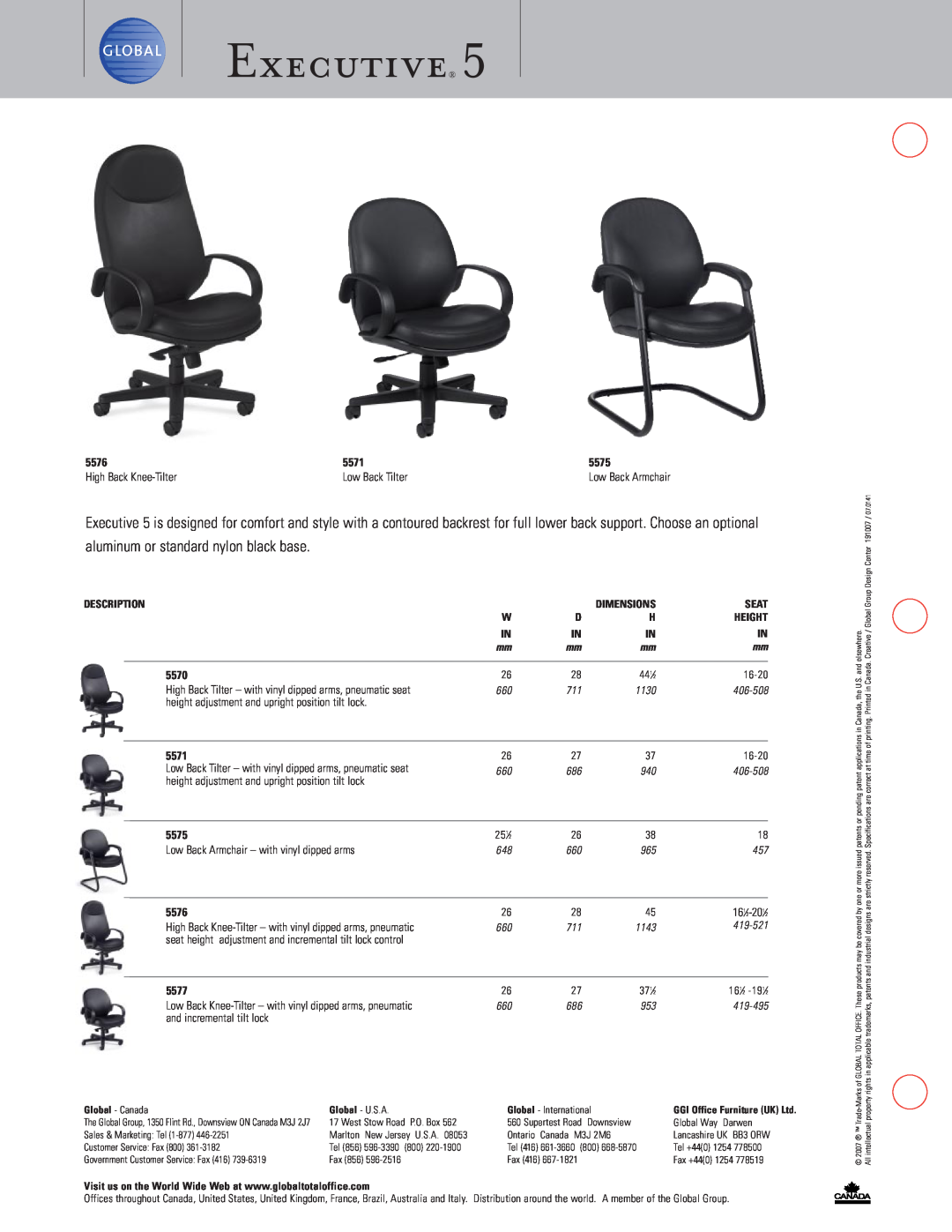 Global Upholstery Co 5576 Executive, aluminum or standard nylon black base, 5571, 5575, High Back Knee-Tilter, 5570, 5577 