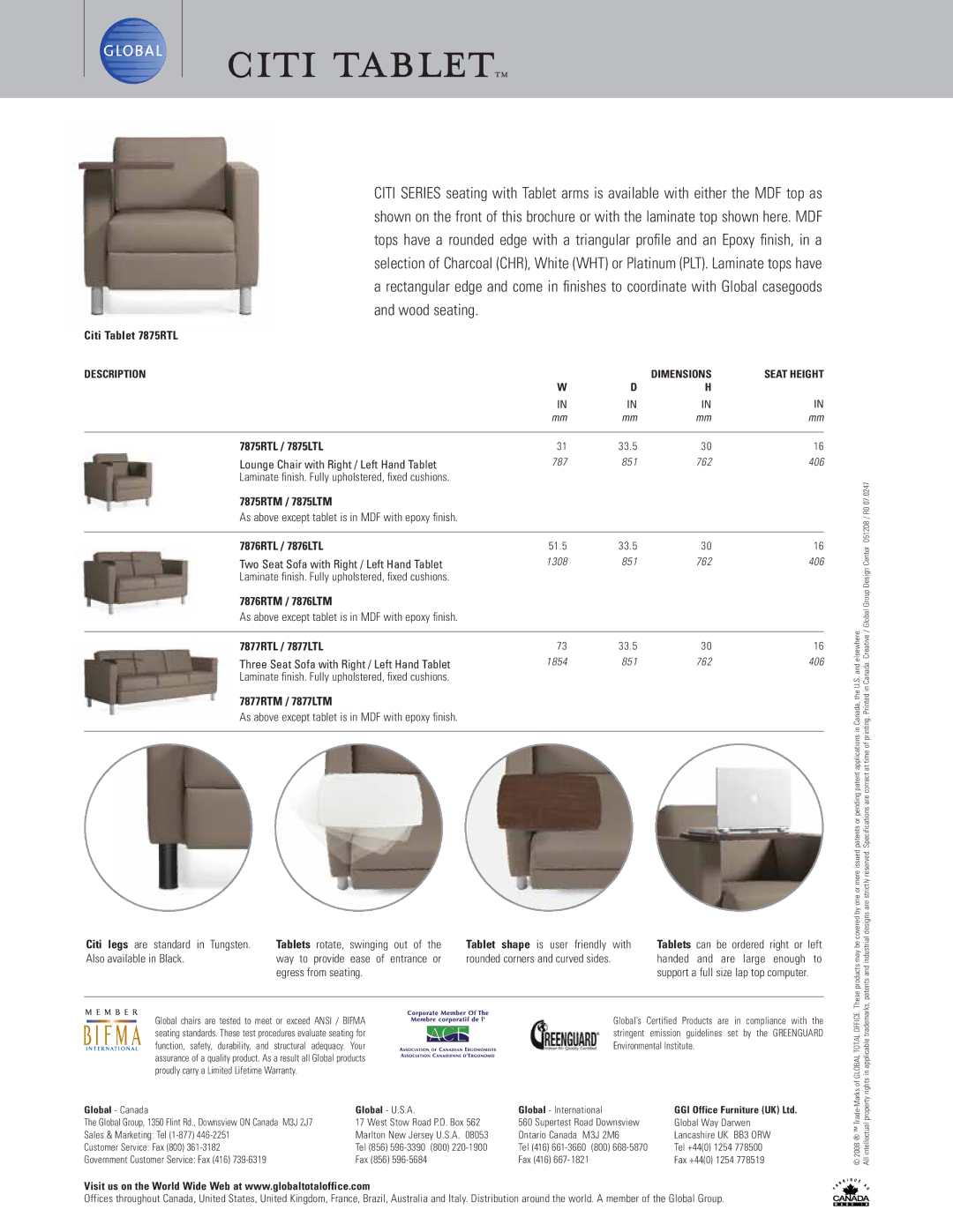 Global Upholstery Co 7877RTL, 7877LTL, 7876LTM Citi Tablet 7875RTL, 7875RTL / 7875LTL, 7875RTM / 7875LTM, 7876RTL / 7876LTL 