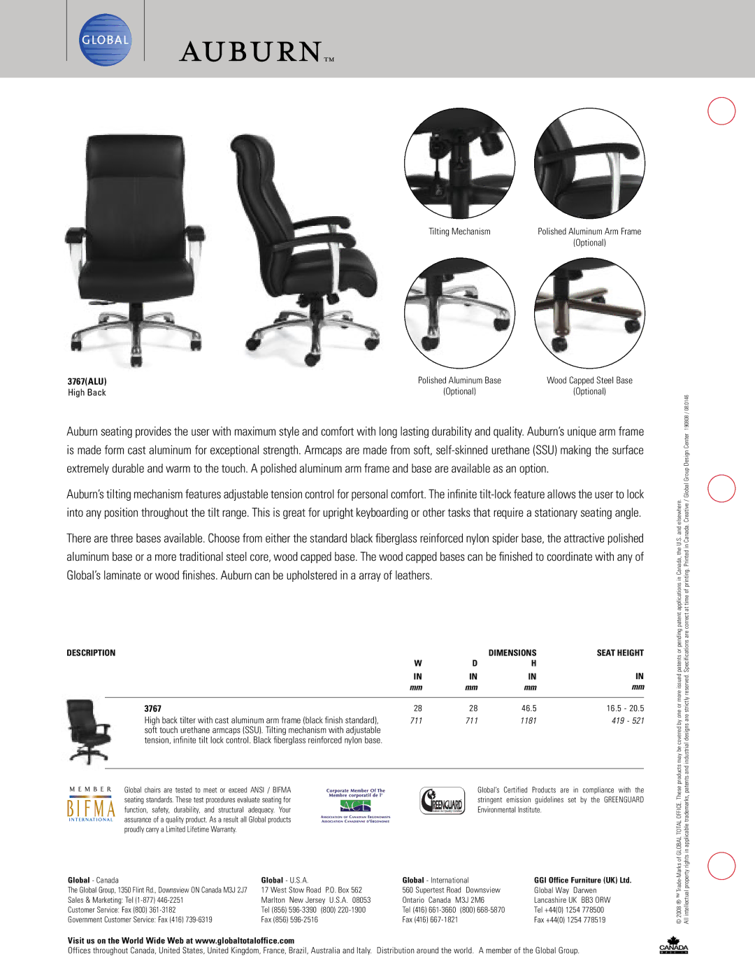 Global Upholstery Co Chairs manual 3767ALU, 711 1181 419, Darwen, Applications in Canada, the U.S. and elsewhere 