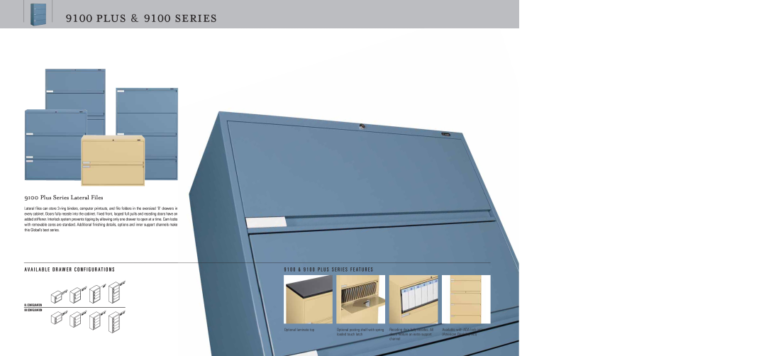 Global Upholstery Co Filing & Storage specifications plus & 9100 series, Plus Series Lateral Files, Optional laminate top 
