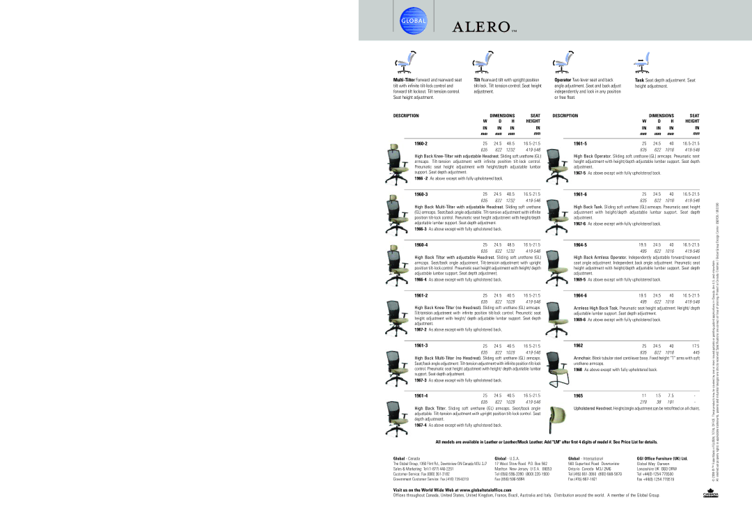 Global Upholstery Co High Back Multi-Knee-Tilter dimensions 1960-2, 1961-5, 24.5 48.5 16.5-21.5, 24.5 16.5-21.5 