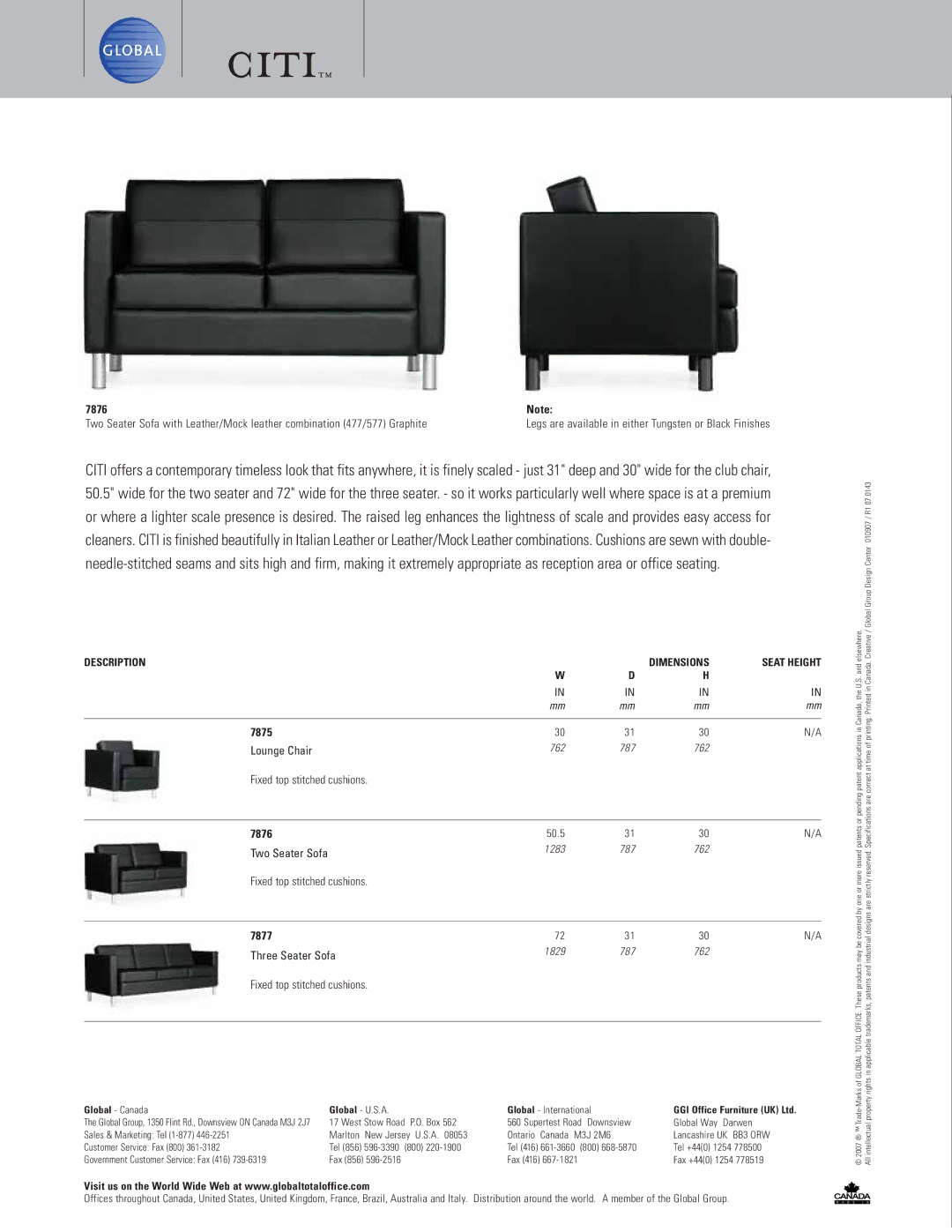 Global Upholstery Co Lounge Chair manual 7875, 7876, 7877, 010907 / R1, Applications in Canada, the U.S. and elsewhere 