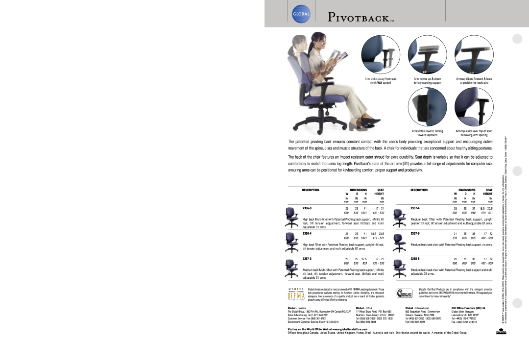 Global Upholstery Co specifications Pivotbacktm, 2356-3, 2357-4, Arm slides away from seat 