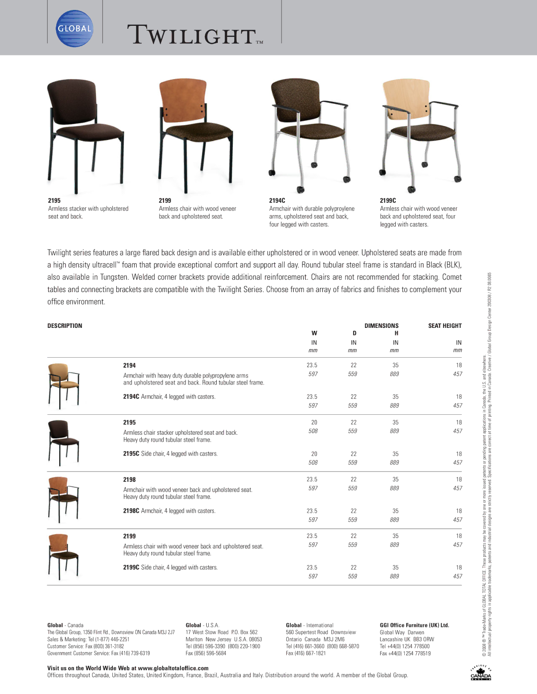 Global Upholstery Co Stacking Chair manual 2195 2199 2194C 2199C, 2198, Applications in Canada, the U.S. and elsewhere 