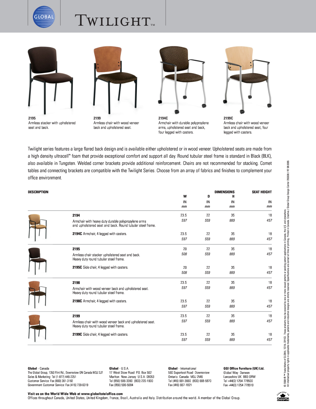 Global Upholstery Co Stacking Chair manual Twilighttm, 2195, 2194C, 2199C, 2198 
