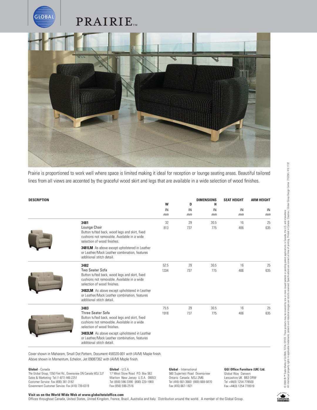 Global Upholstery Co Two Seater Sofa manual 3481, 3482, 3483 