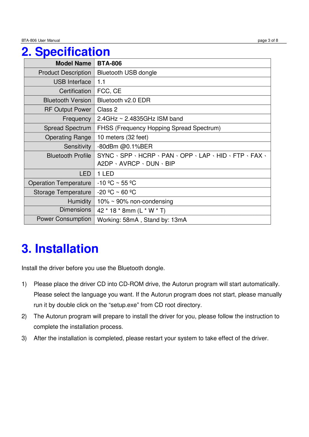 Globalsat Technology user manual Specification, Installation, Model Name BTA-806 