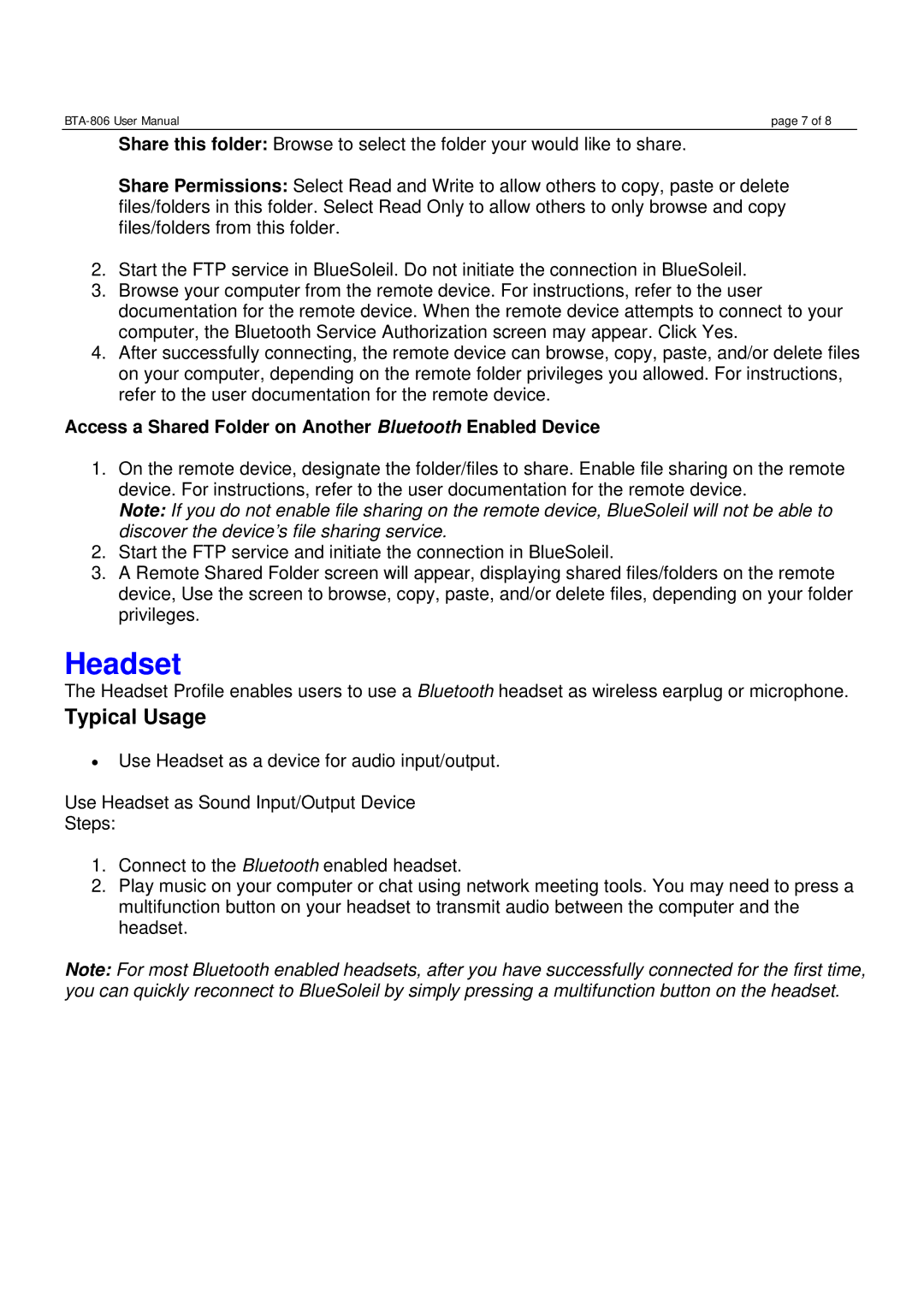 Globalsat Technology BTA-806 user manual Headset, Access a Shared Folder on Another Bluetooth Enabled Device 