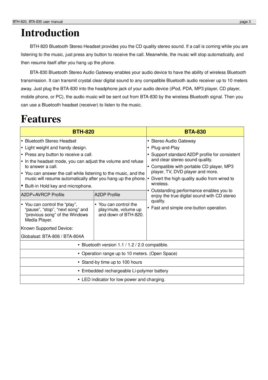 Globalsat Technology BTA-830, BTH-820 user manual Introduction, Features 