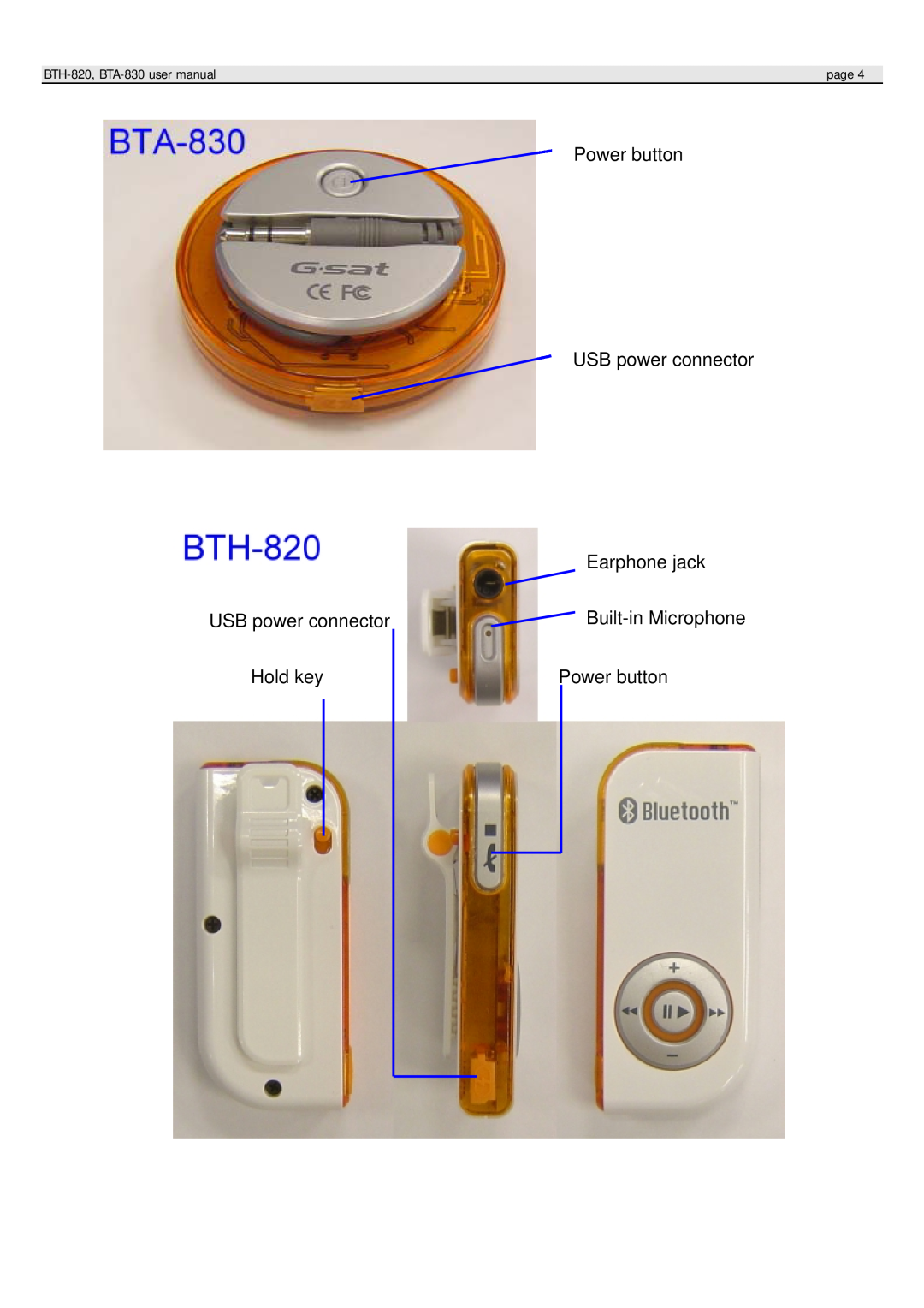 Globalsat Technology BTH-820, BTA-830 USB power connector Hold key, Power button USB power connector Earphone jack, page 