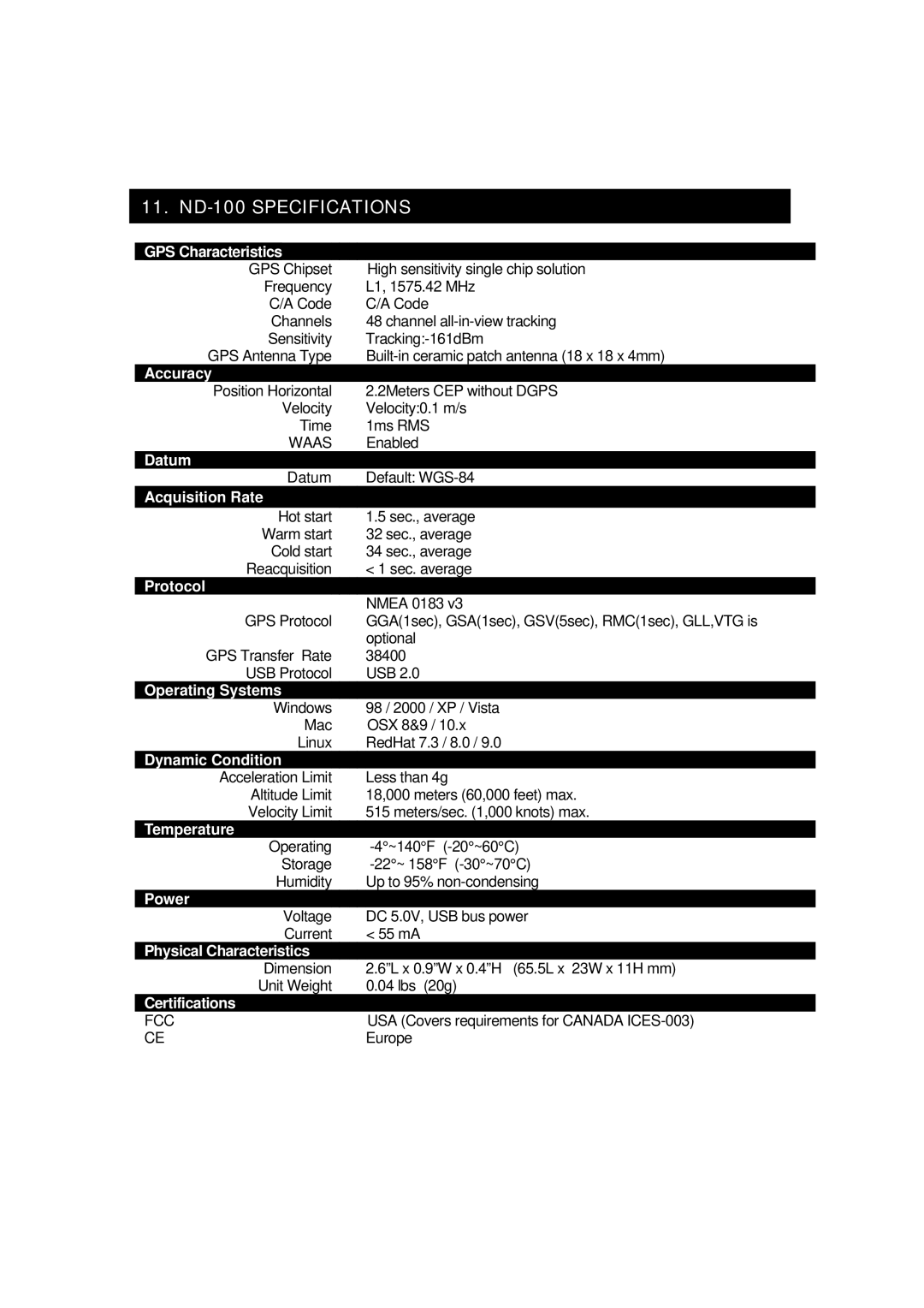 Globalsat Technology specifications ND-100 Specifications, GPS Characteristics 