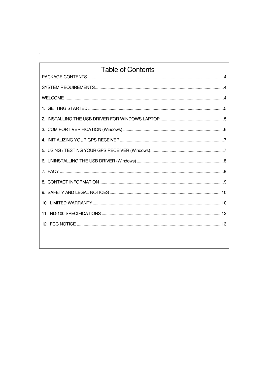 Globalsat Technology ND-100 specifications Table of Contents 