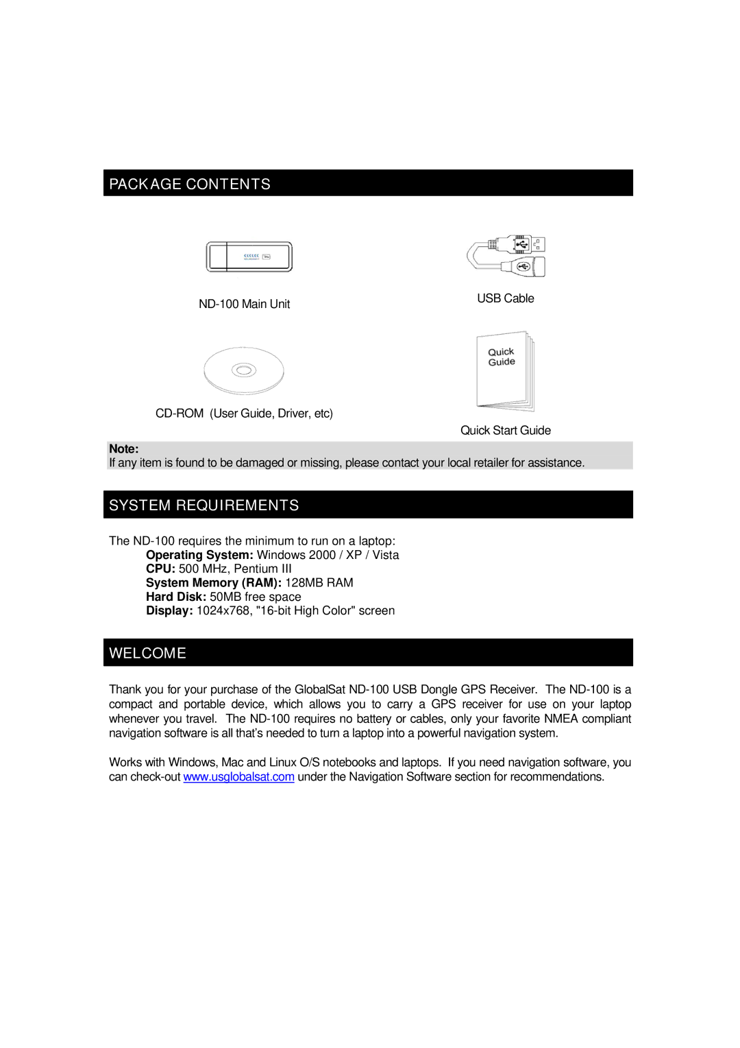 Globalsat Technology ND-100 specifications Package Contents, System Requirements, Welcome 