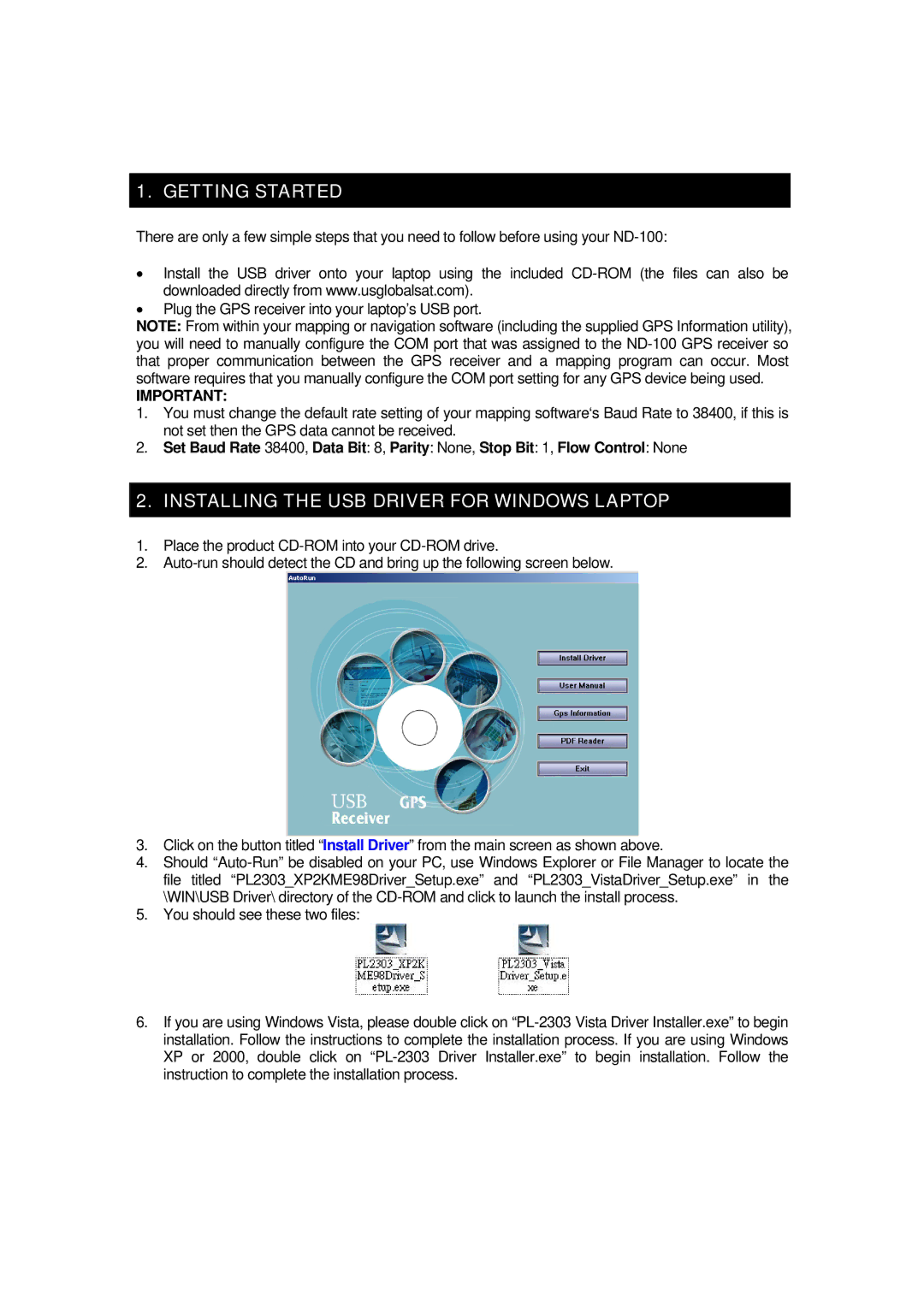 Globalsat Technology ND-100 specifications Getting Started, Installing the USB Driver for Windows Laptop 