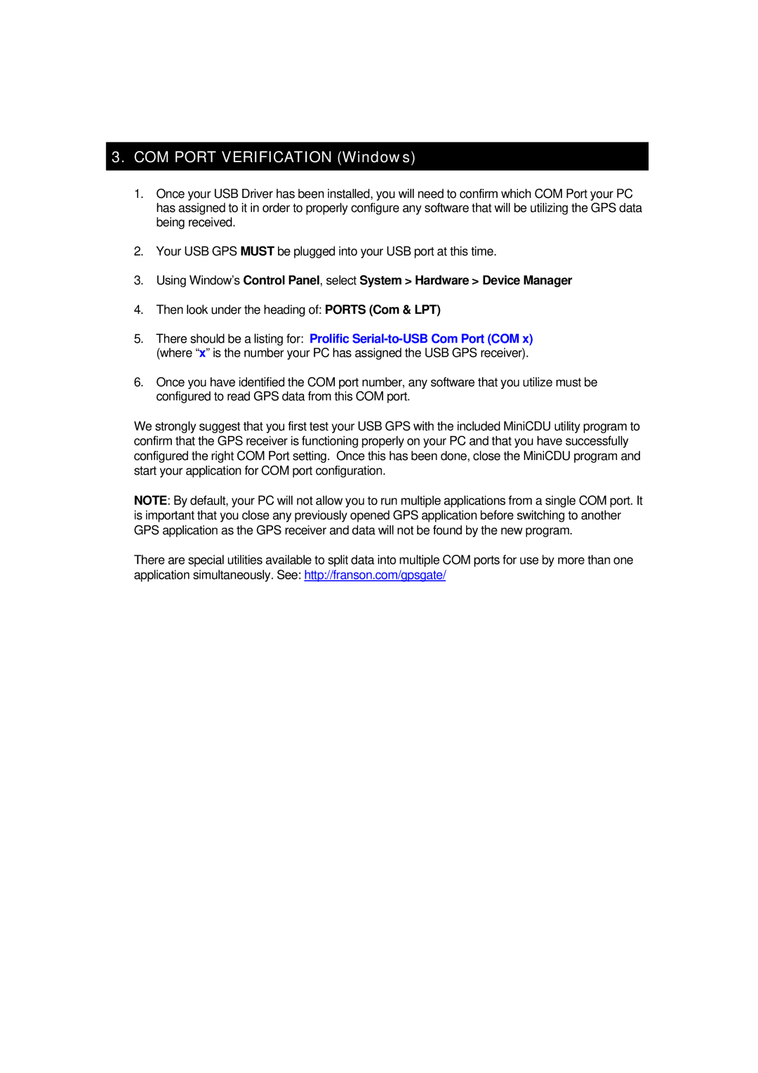 Globalsat Technology ND-100 specifications COM Port Verification Windows, Then look under the heading of Ports Com & LPT 