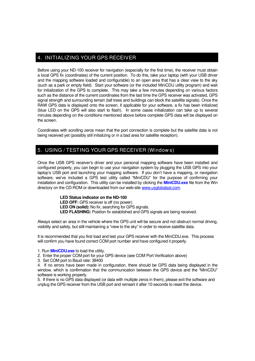 Globalsat Technology ND-100 specifications Initializing Your GPS Receiver, Using / Testing Your GPS Receiver Windows 