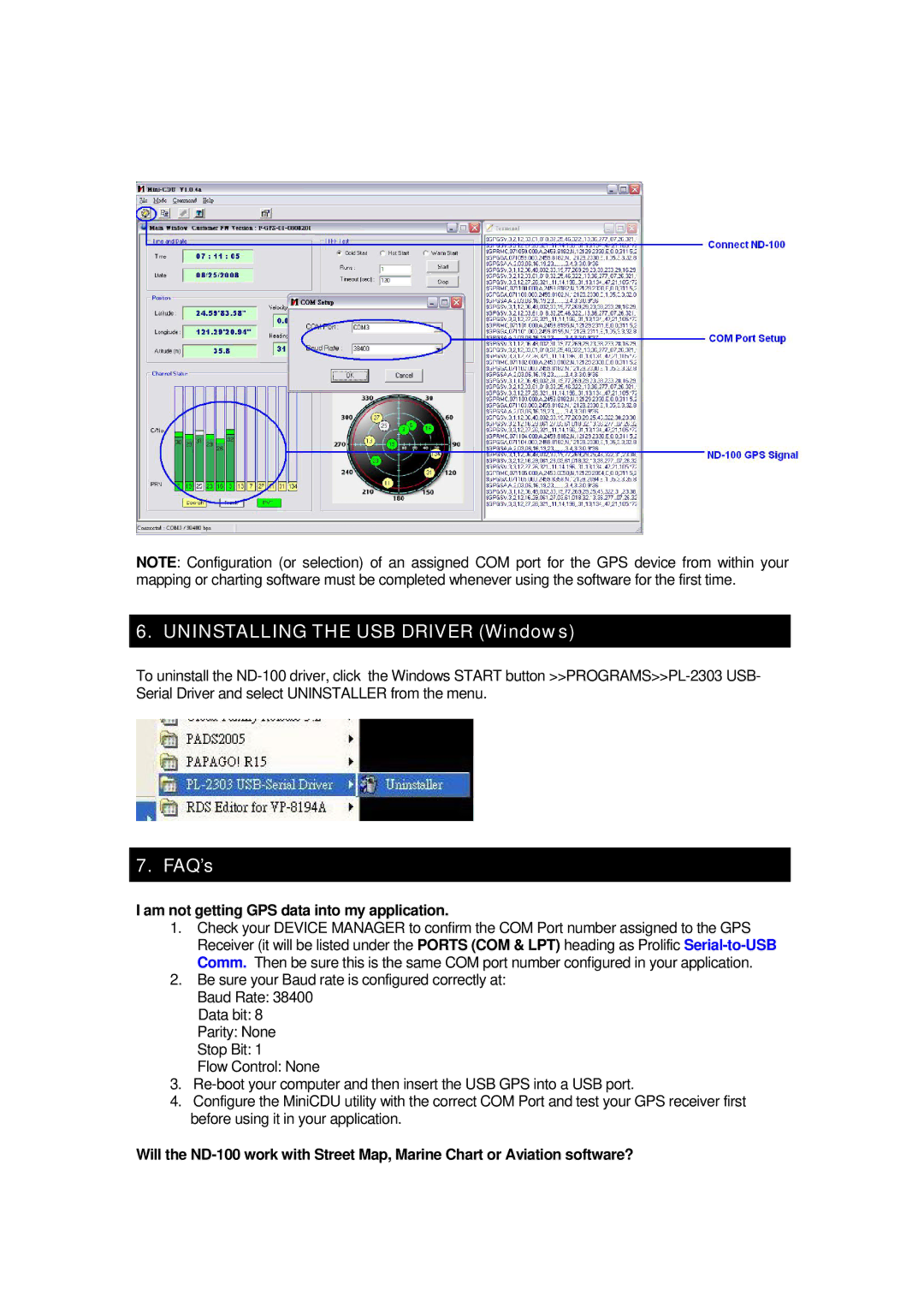 Globalsat Technology ND-100 Uninstalling the USB Driver Windows, FAQ’s, Am not getting GPS data into my application 