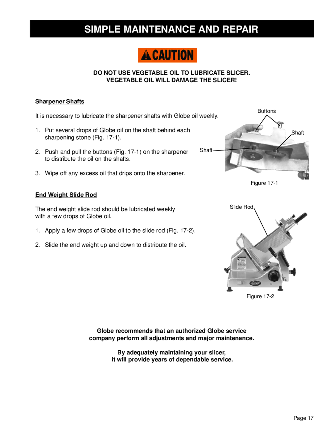 Globe GL12 instruction manual Simple Maintenance and Repair, Sharpener Shafts, End Weight Slide Rod 