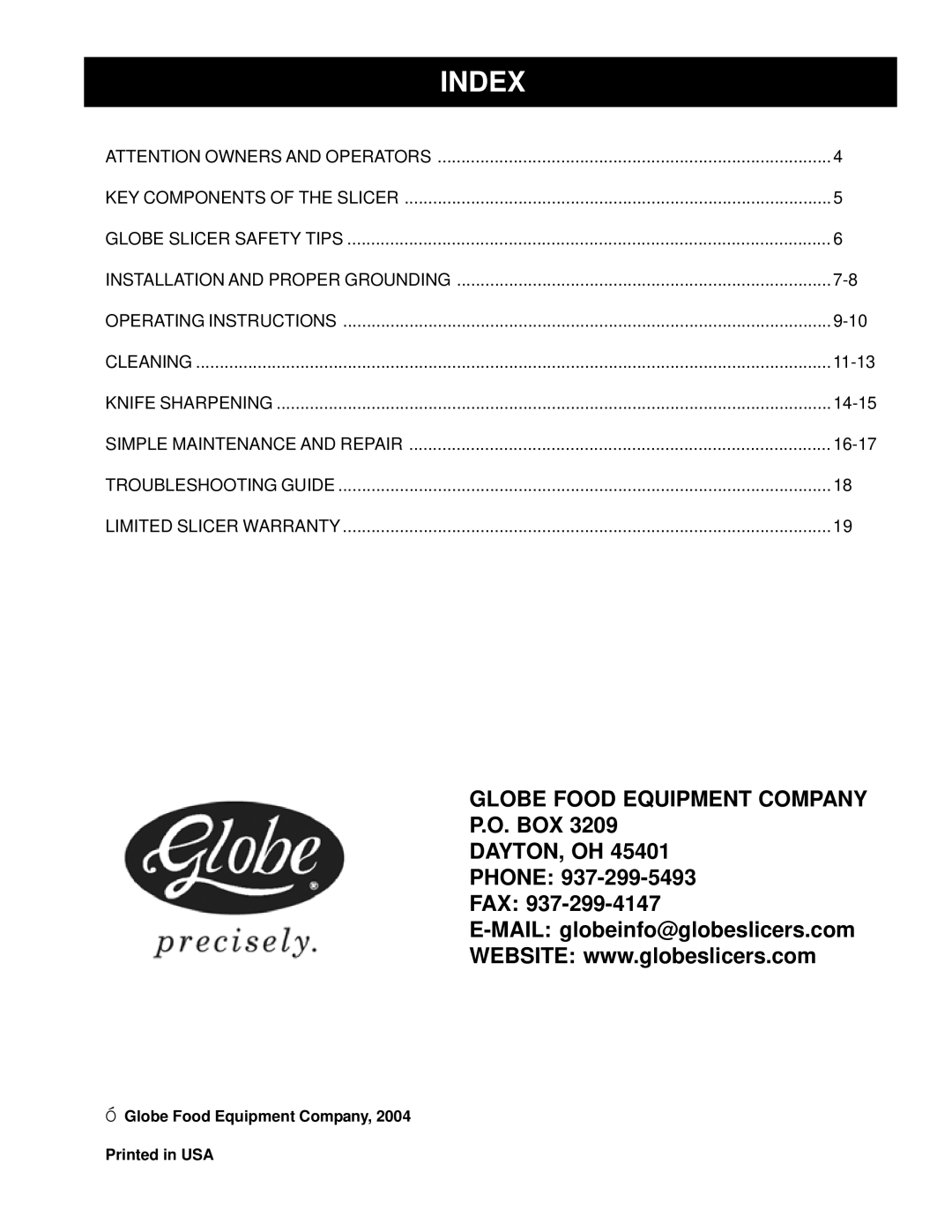 Globe GL12 instruction manual Index, Globe Food Equipment Company 