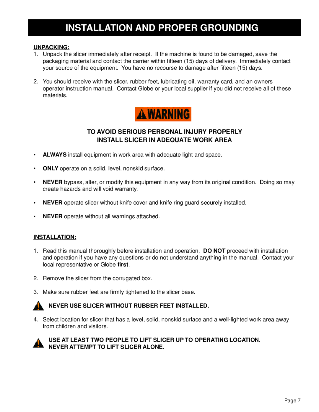 Globe GL12 instruction manual Installation and Proper Grounding, Unpacking, Never USE Slicer Without Rubber Feet Installed 