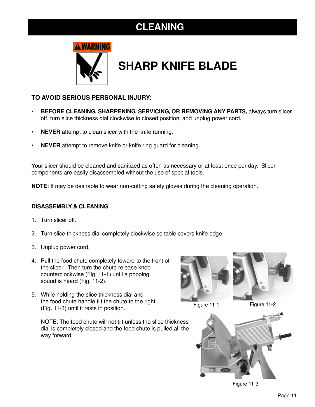 Globe GL12 instruction manual Sharp Knife Blade, To Avoid Serious Personal Injury, Disassembly & Cleaning 