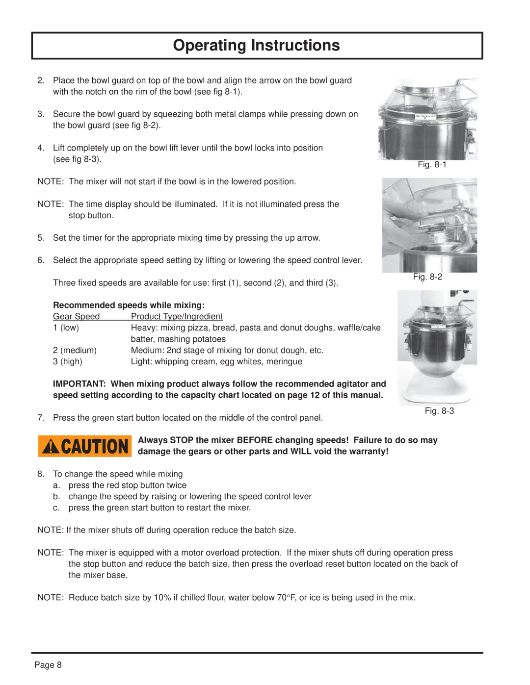 Globe SP8 instruction manual Recommended speeds while mixing 